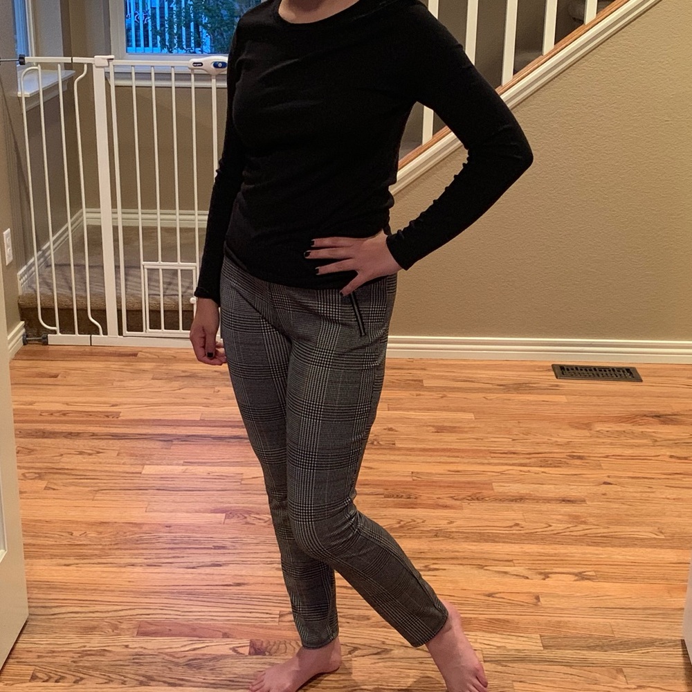 Long sleeve shirt, black and white plaid pants